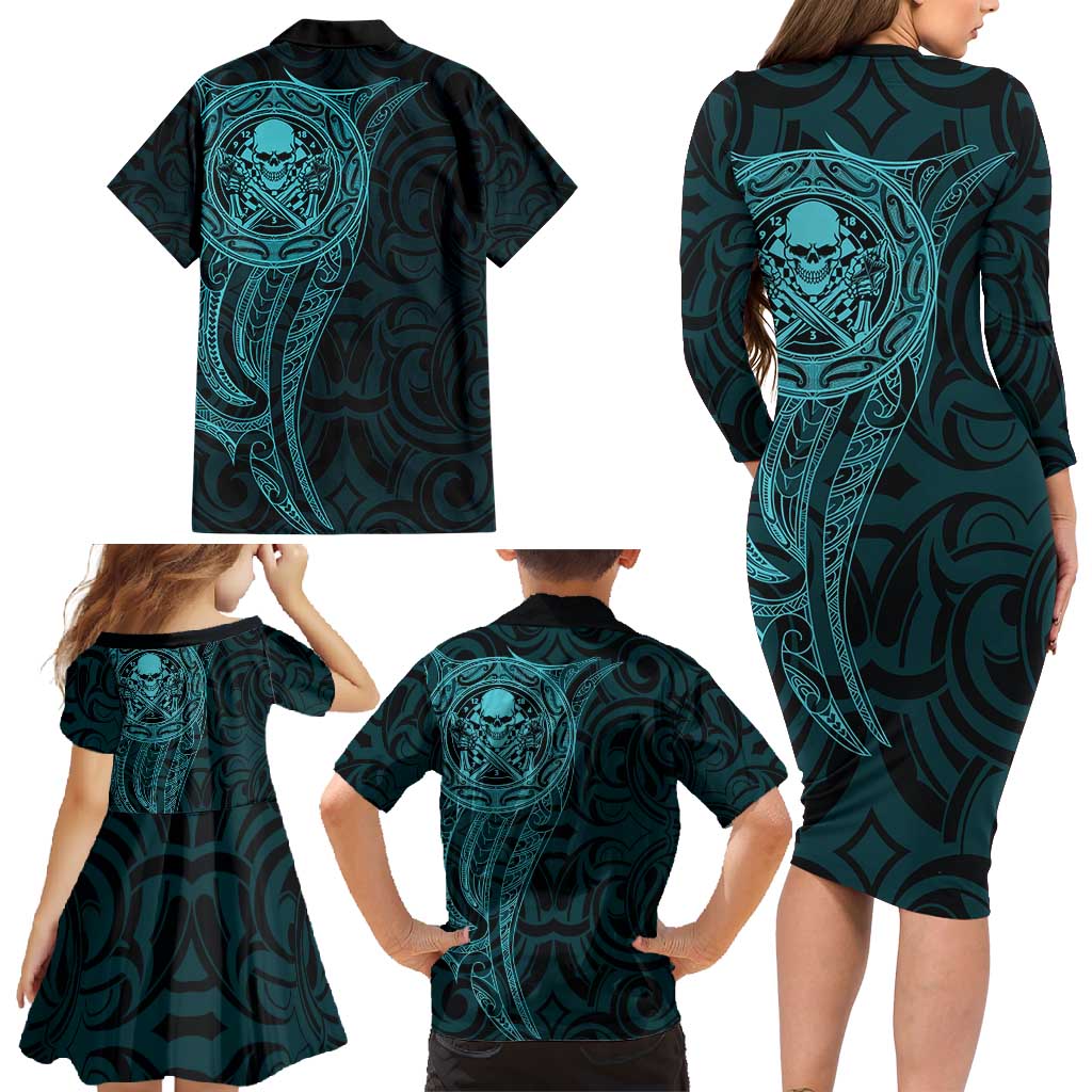 New Zealand Skull Darts Family Matching Long Sleeve Bodycon Dress and Hawaiian Shirt Aotearoa Maori Chest Tattoo Stylized Teal LT14 - Polynesian Pride