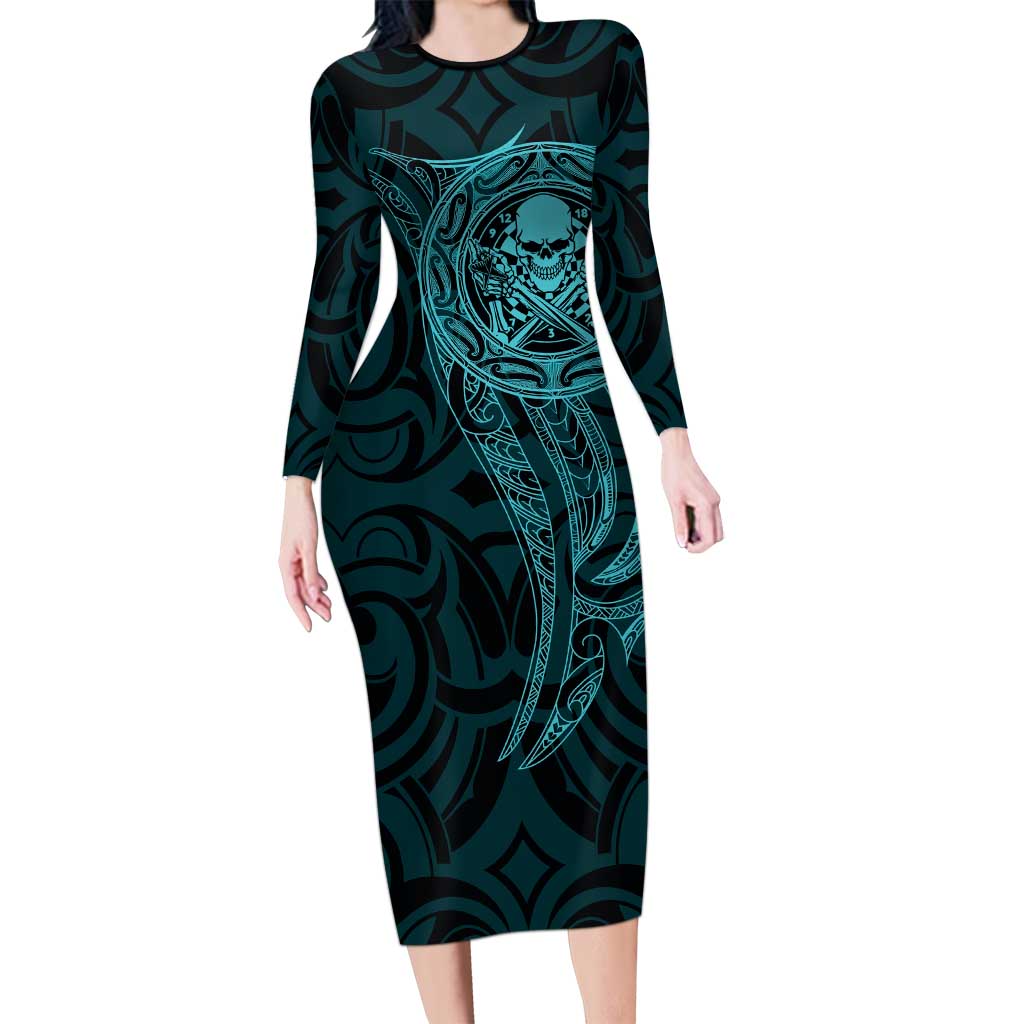New Zealand Skull Darts Family Matching Long Sleeve Bodycon Dress and Hawaiian Shirt Aotearoa Maori Chest Tattoo Stylized Teal LT14 Mom's Dress Teal - Polynesian Pride