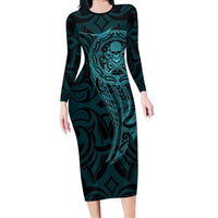 New Zealand Skull Darts Family Matching Long Sleeve Bodycon Dress and Hawaiian Shirt Aotearoa Maori Chest Tattoo Stylized Teal LT14 Mom's Dress Teal - Polynesian Pride