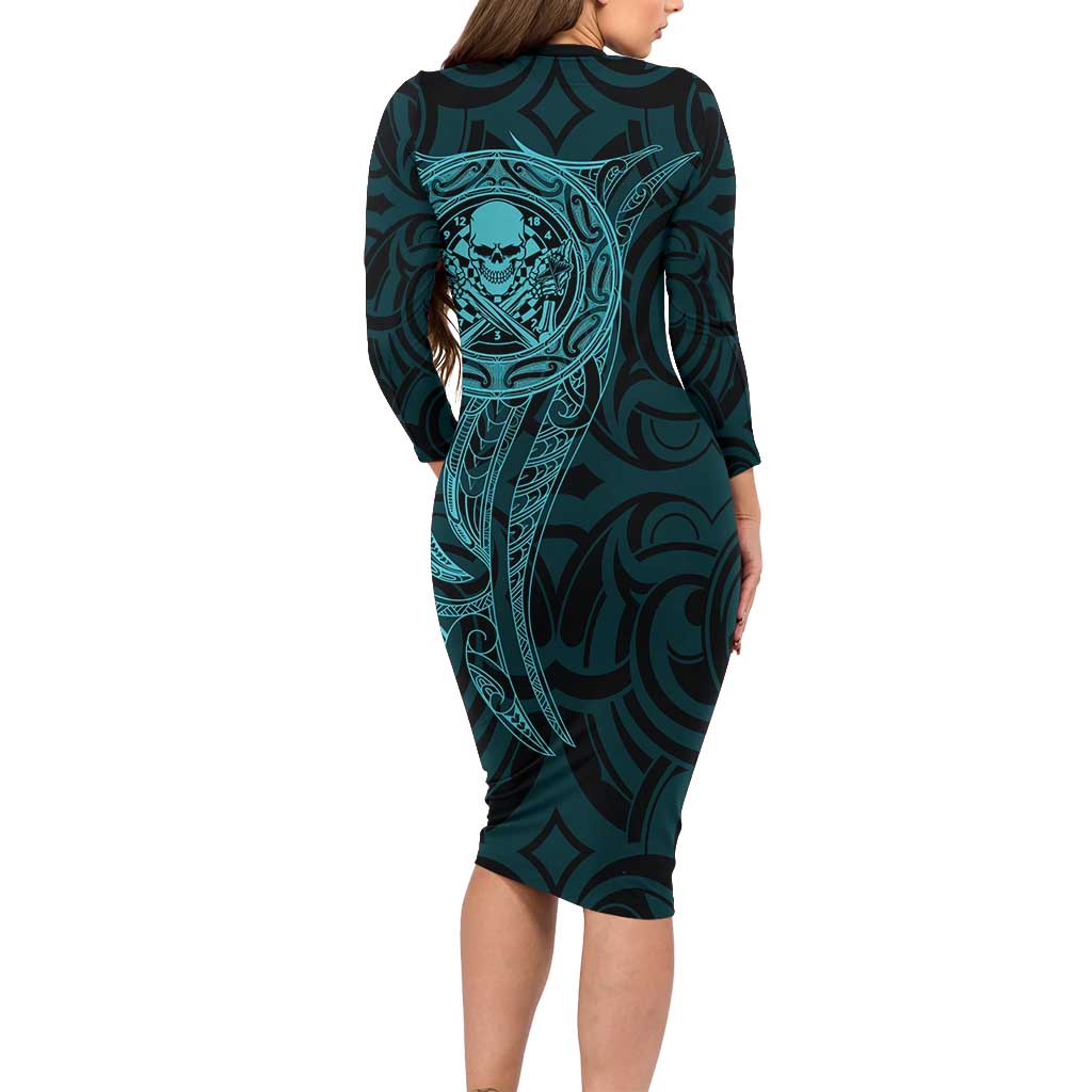 New Zealand Skull Darts Family Matching Long Sleeve Bodycon Dress and Hawaiian Shirt Aotearoa Maori Chest Tattoo Stylized Teal LT14 - Polynesian Pride