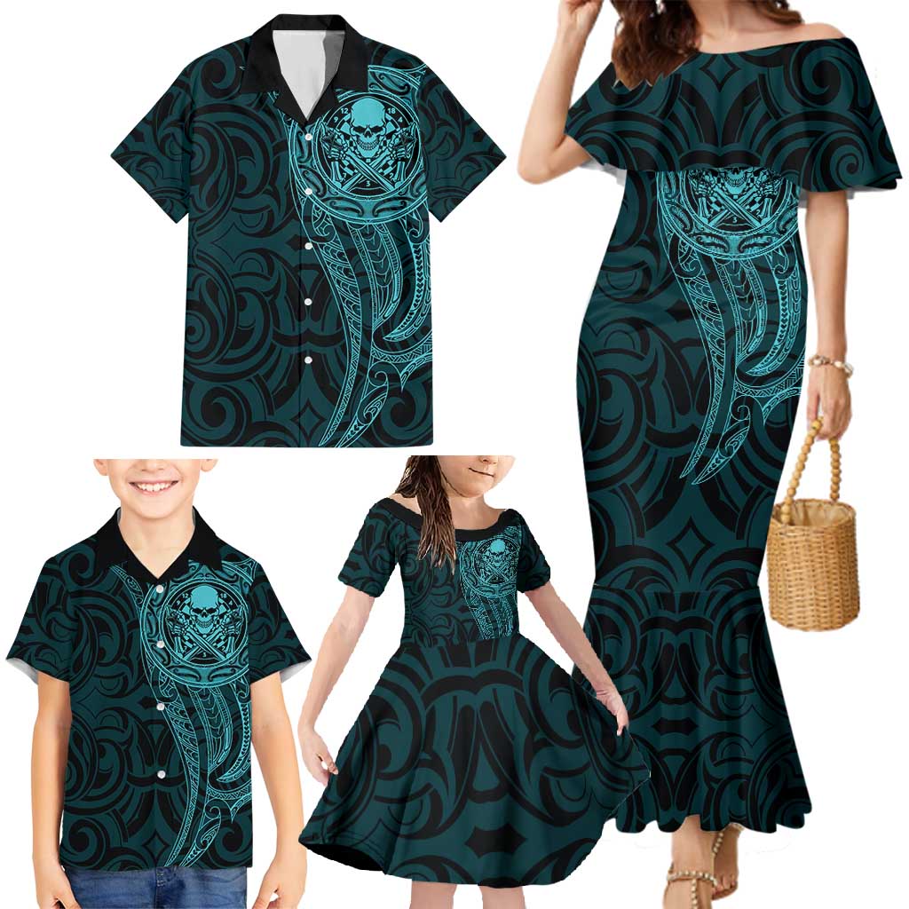 New Zealand Skull Darts Family Matching Mermaid Dress and Hawaiian Shirt Aotearoa Maori Chest Tattoo Stylized Teal LT14 - Polynesian Pride
