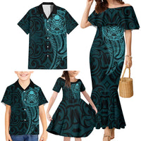 New Zealand Skull Darts Family Matching Mermaid Dress and Hawaiian Shirt Aotearoa Maori Chest Tattoo Stylized Teal LT14 - Polynesian Pride