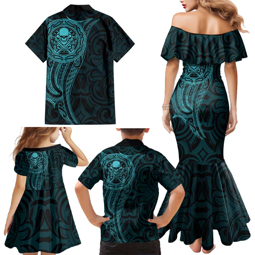 New Zealand Skull Darts Family Matching Mermaid Dress and Hawaiian Shirt Aotearoa Maori Chest Tattoo Stylized Teal LT14 - Polynesian Pride