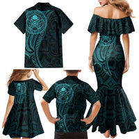 New Zealand Skull Darts Family Matching Mermaid Dress and Hawaiian Shirt Aotearoa Maori Chest Tattoo Stylized Teal LT14 - Polynesian Pride