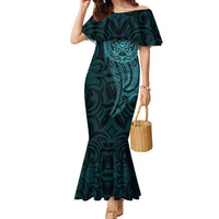 New Zealand Skull Darts Family Matching Mermaid Dress and Hawaiian Shirt Aotearoa Maori Chest Tattoo Stylized Teal LT14 Mom's Dress Teal - Polynesian Pride