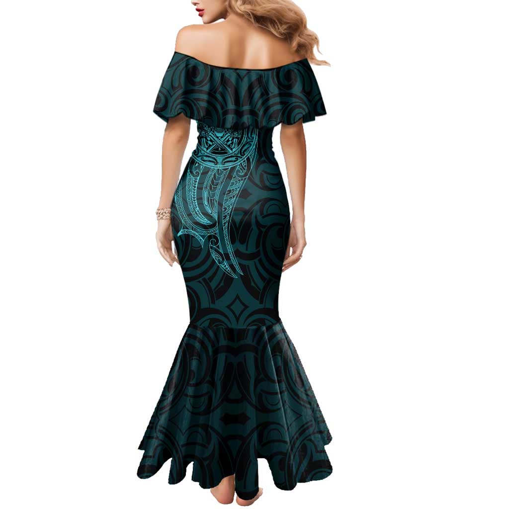 New Zealand Skull Darts Family Matching Mermaid Dress and Hawaiian Shirt Aotearoa Maori Chest Tattoo Stylized Teal LT14 - Polynesian Pride