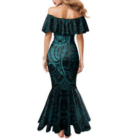 New Zealand Skull Darts Family Matching Mermaid Dress and Hawaiian Shirt Aotearoa Maori Chest Tattoo Stylized Teal LT14 - Polynesian Pride