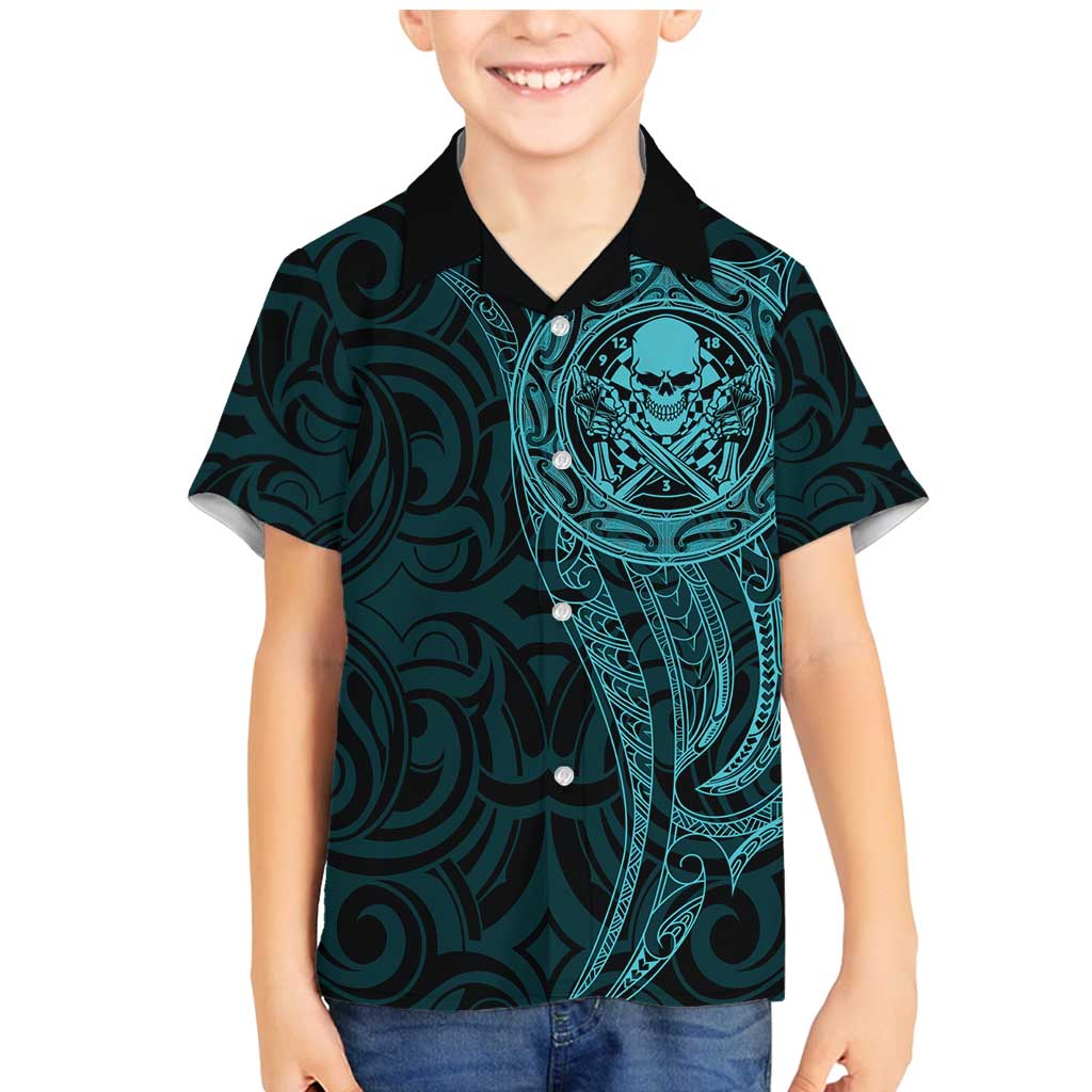 New Zealand Skull Darts Family Matching Mermaid Dress and Hawaiian Shirt Aotearoa Maori Chest Tattoo Stylized Teal LT14 Son's Shirt Teal - Polynesian Pride