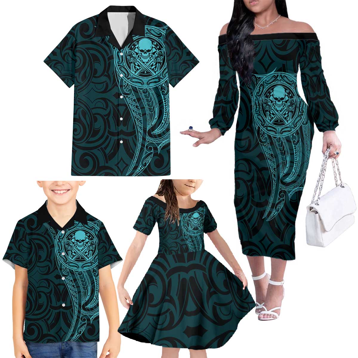 New Zealand Skull Darts Family Matching Off The Shoulder Long Sleeve Dress and Hawaiian Shirt Aotearoa Maori Chest Tattoo Stylized Teal LT14 - Polynesian Pride