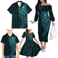 New Zealand Skull Darts Family Matching Off The Shoulder Long Sleeve Dress and Hawaiian Shirt Aotearoa Maori Chest Tattoo Stylized Teal LT14 - Polynesian Pride