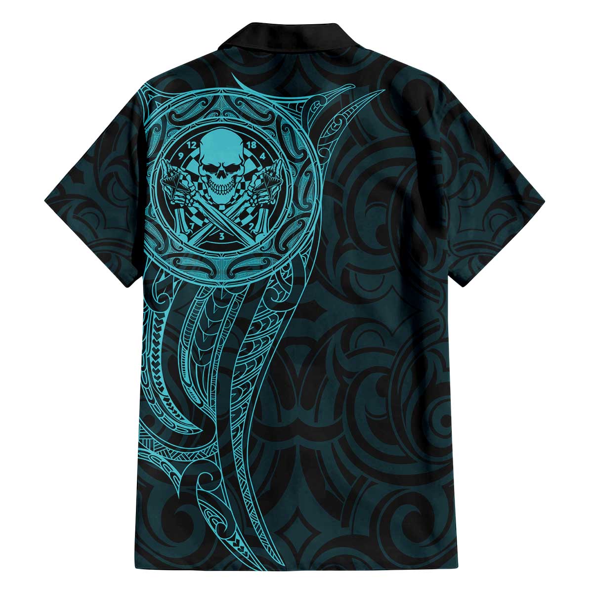 New Zealand Skull Darts Family Matching Off The Shoulder Long Sleeve Dress and Hawaiian Shirt Aotearoa Maori Chest Tattoo Stylized Teal LT14 - Polynesian Pride
