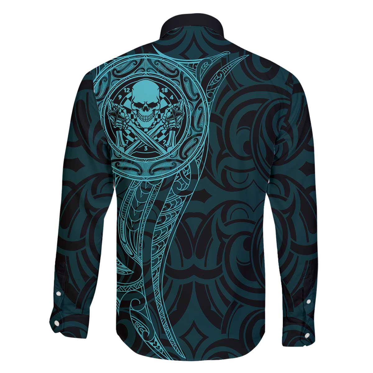New Zealand Skull Darts Family Matching Off The Shoulder Long Sleeve Dress and Hawaiian Shirt Aotearoa Maori Chest Tattoo Stylized Teal LT14 - Polynesian Pride