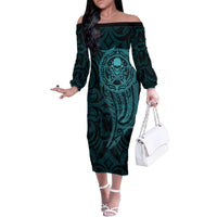 New Zealand Skull Darts Family Matching Off The Shoulder Long Sleeve Dress and Hawaiian Shirt Aotearoa Maori Chest Tattoo Stylized Teal LT14 Mom's Dress Teal - Polynesian Pride