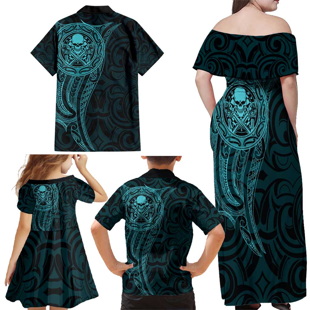New Zealand Skull Darts Family Matching Off Shoulder Maxi Dress and Hawaiian Shirt Aotearoa Maori Chest Tattoo Stylized Teal LT14 - Polynesian Pride