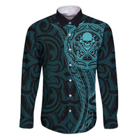 New Zealand Skull Darts Family Matching Off Shoulder Maxi Dress and Hawaiian Shirt Aotearoa Maori Chest Tattoo Stylized Teal LT14 Dad's Shirt - Long Sleeve Teal - Polynesian Pride