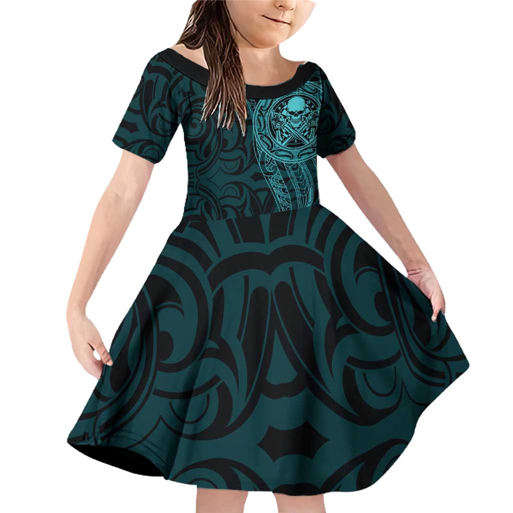 New Zealand Skull Darts Family Matching Off Shoulder Short Dress and Hawaiian Shirt Aotearoa Maori Chest Tattoo Stylized Teal LT14 Daughter's Dress Teal - Polynesian Pride