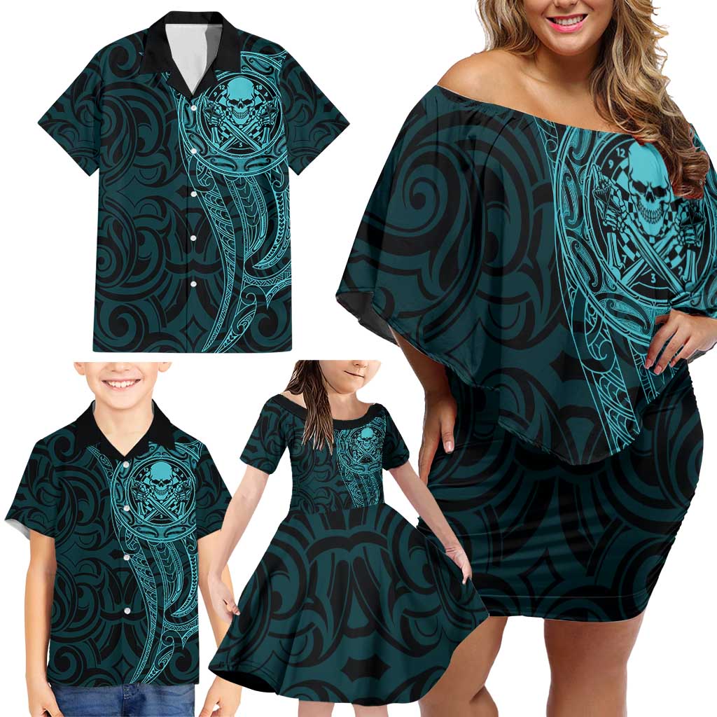 New Zealand Skull Darts Family Matching Off Shoulder Short Dress and Hawaiian Shirt Aotearoa Maori Chest Tattoo Stylized Teal LT14 - Polynesian Pride