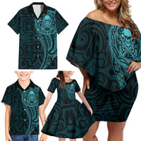 New Zealand Skull Darts Family Matching Off Shoulder Short Dress and Hawaiian Shirt Aotearoa Maori Chest Tattoo Stylized Teal LT14 - Polynesian Pride