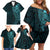 New Zealand Skull Darts Family Matching Off Shoulder Short Dress and Hawaiian Shirt Aotearoa Maori Chest Tattoo Stylized Teal - Polynesian Pride