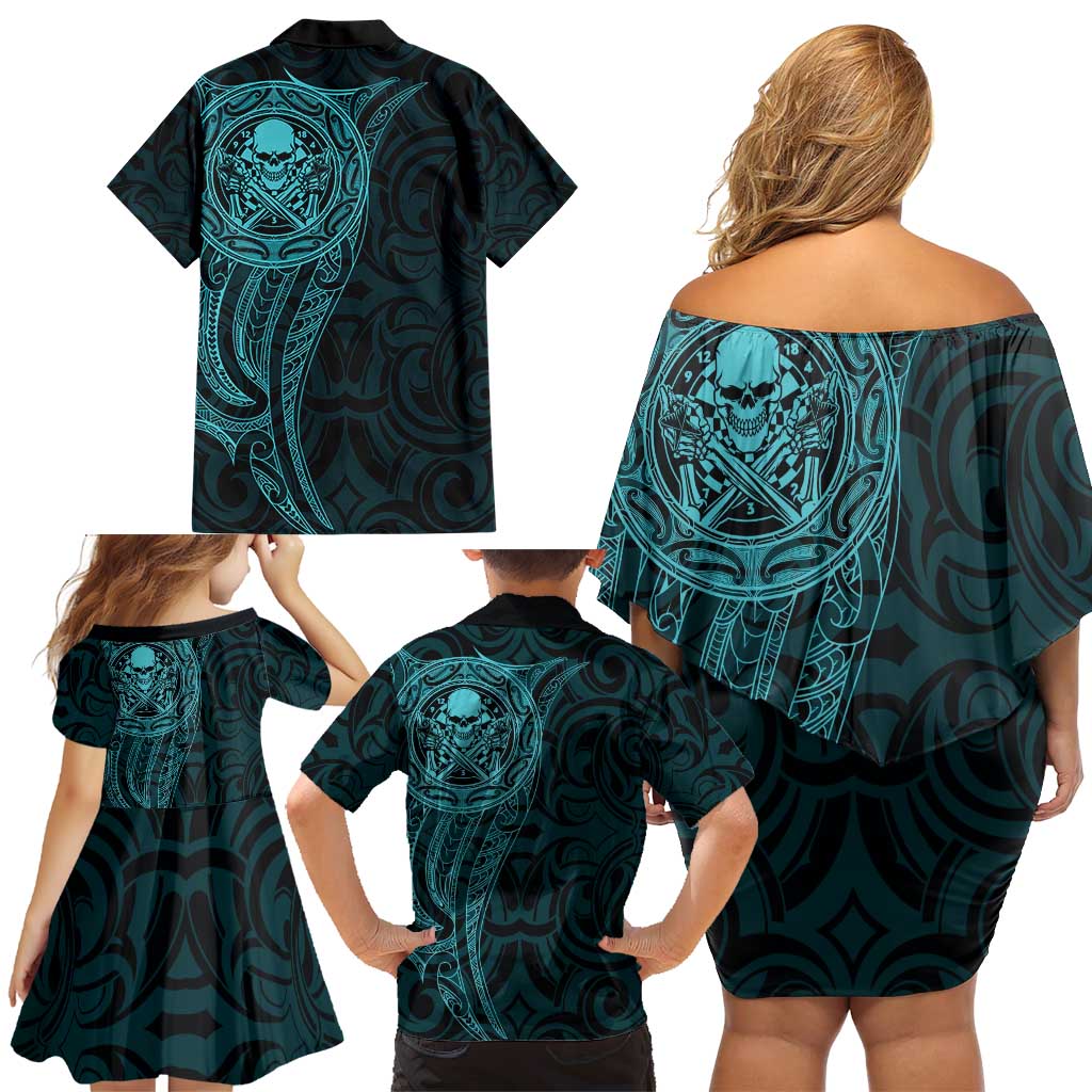 New Zealand Skull Darts Family Matching Off Shoulder Short Dress and Hawaiian Shirt Aotearoa Maori Chest Tattoo Stylized Teal LT14 - Polynesian Pride