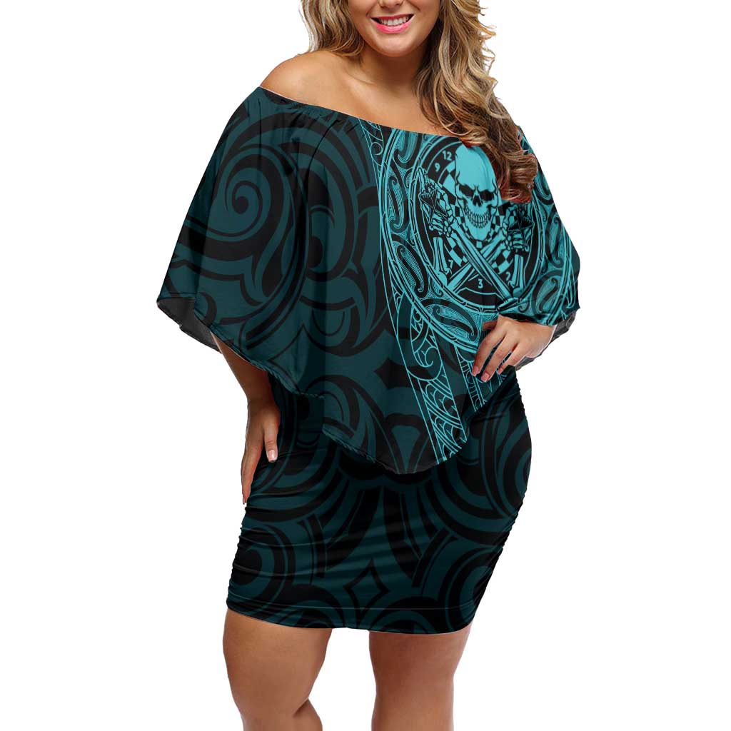 New Zealand Skull Darts Family Matching Off Shoulder Short Dress and Hawaiian Shirt Aotearoa Maori Chest Tattoo Stylized Teal LT14 Mom's Dress Teal - Polynesian Pride