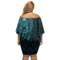 New Zealand Skull Darts Family Matching Off Shoulder Short Dress and Hawaiian Shirt Aotearoa Maori Chest Tattoo Stylized Teal LT14 - Polynesian Pride