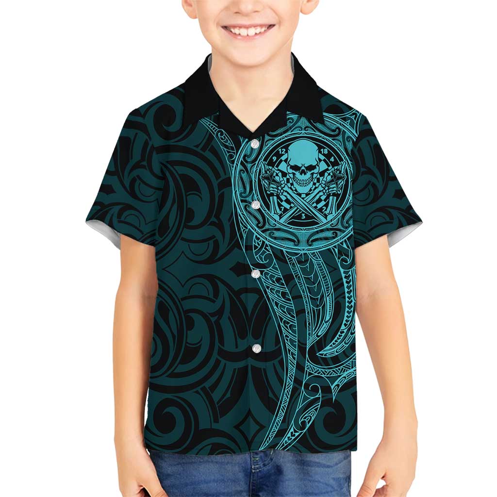 New Zealand Skull Darts Family Matching Off Shoulder Short Dress and Hawaiian Shirt Aotearoa Maori Chest Tattoo Stylized Teal LT14 Son's Shirt Teal - Polynesian Pride