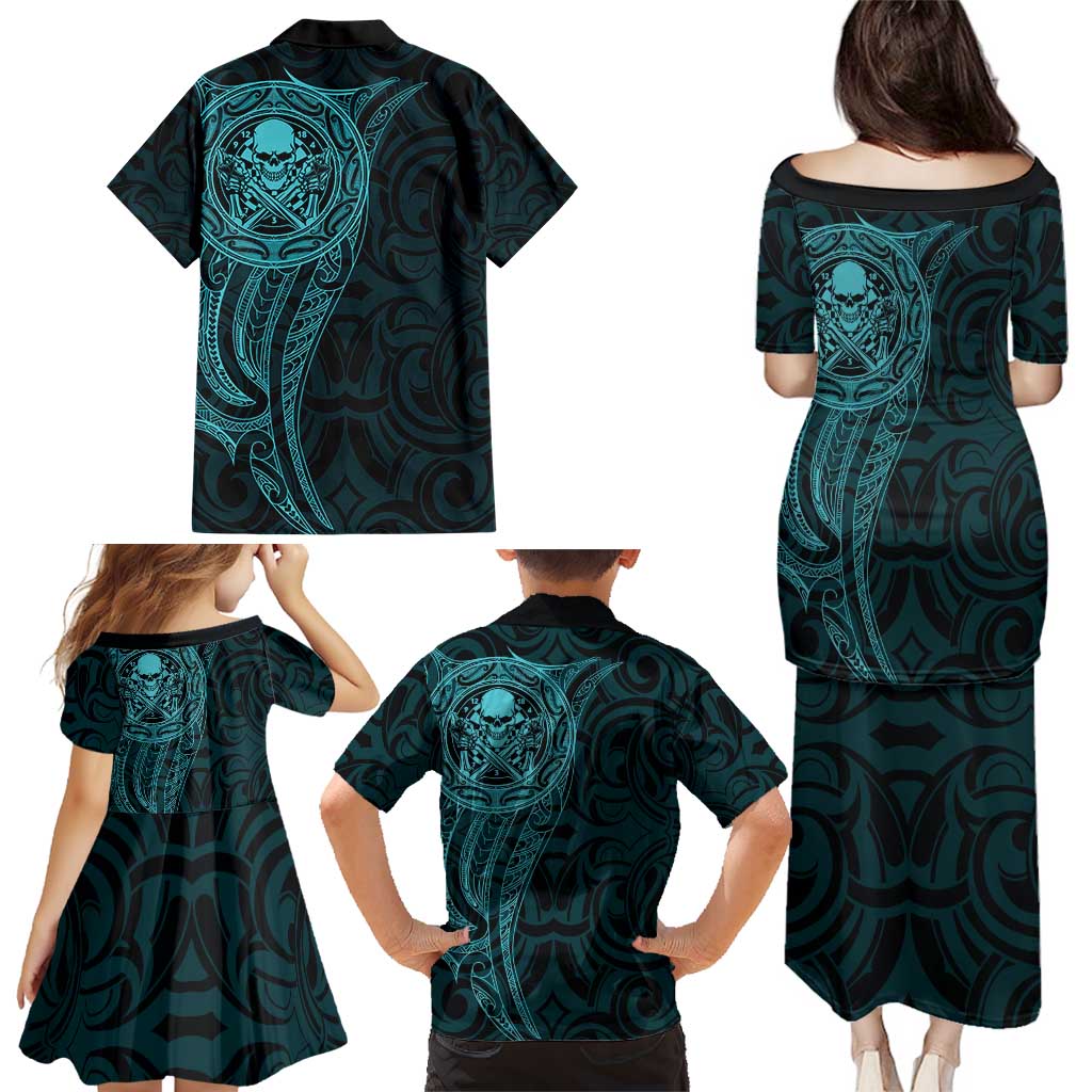 New Zealand Skull Darts Family Matching Puletasi and Hawaiian Shirt Aotearoa Maori Chest Tattoo Stylized Teal - Polynesian Pride