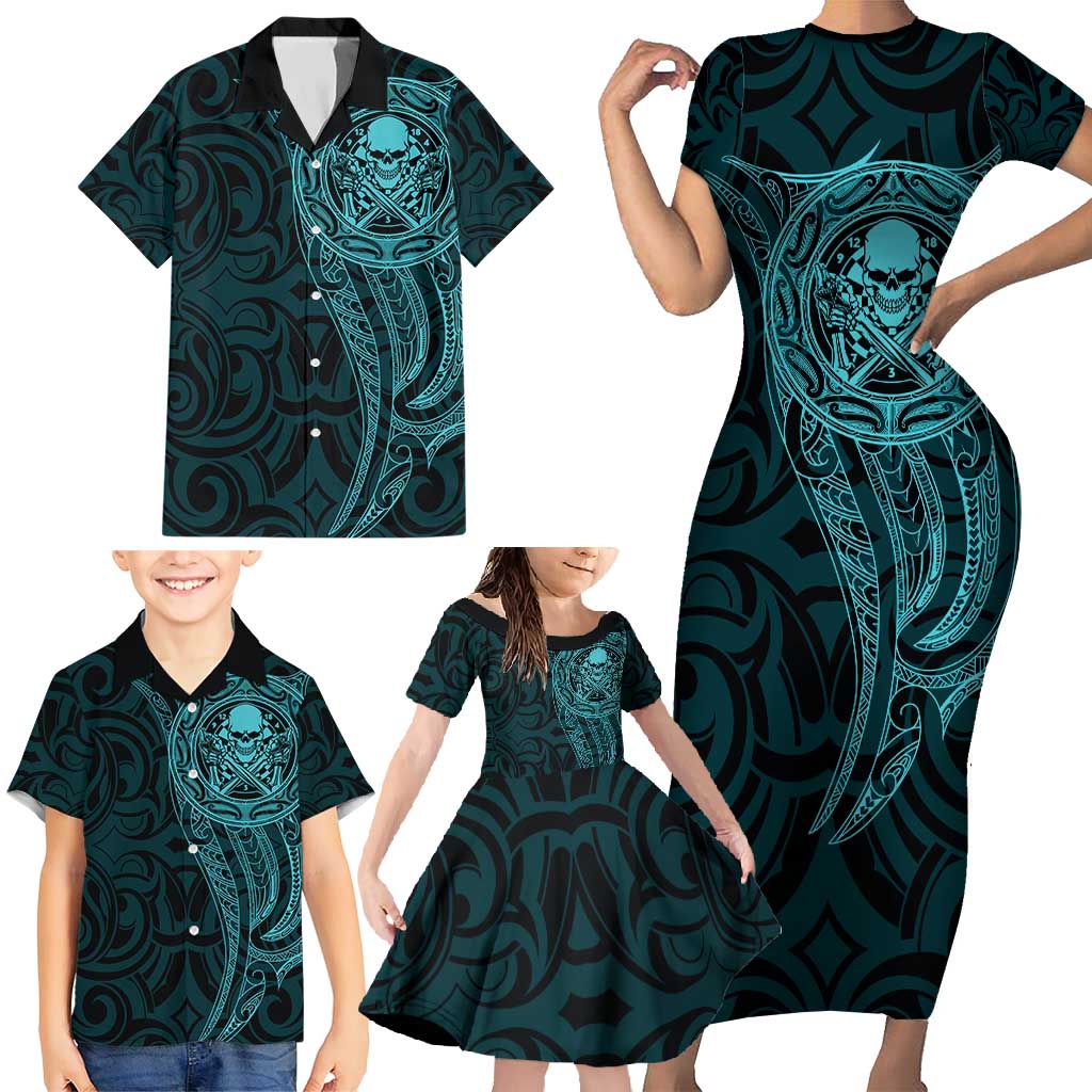 New Zealand Skull Darts Family Matching Short Sleeve Bodycon Dress and Hawaiian Shirt Aotearoa Maori Chest Tattoo Stylized Teal LT14 - Polynesian Pride