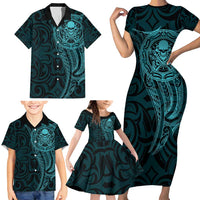 New Zealand Skull Darts Family Matching Short Sleeve Bodycon Dress and Hawaiian Shirt Aotearoa Maori Chest Tattoo Stylized Teal LT14 - Polynesian Pride