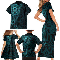 New Zealand Skull Darts Family Matching Short Sleeve Bodycon Dress and Hawaiian Shirt Aotearoa Maori Chest Tattoo Stylized Teal LT14 - Polynesian Pride