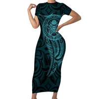New Zealand Skull Darts Family Matching Short Sleeve Bodycon Dress and Hawaiian Shirt Aotearoa Maori Chest Tattoo Stylized Teal LT14 Mom's Dress Teal - Polynesian Pride
