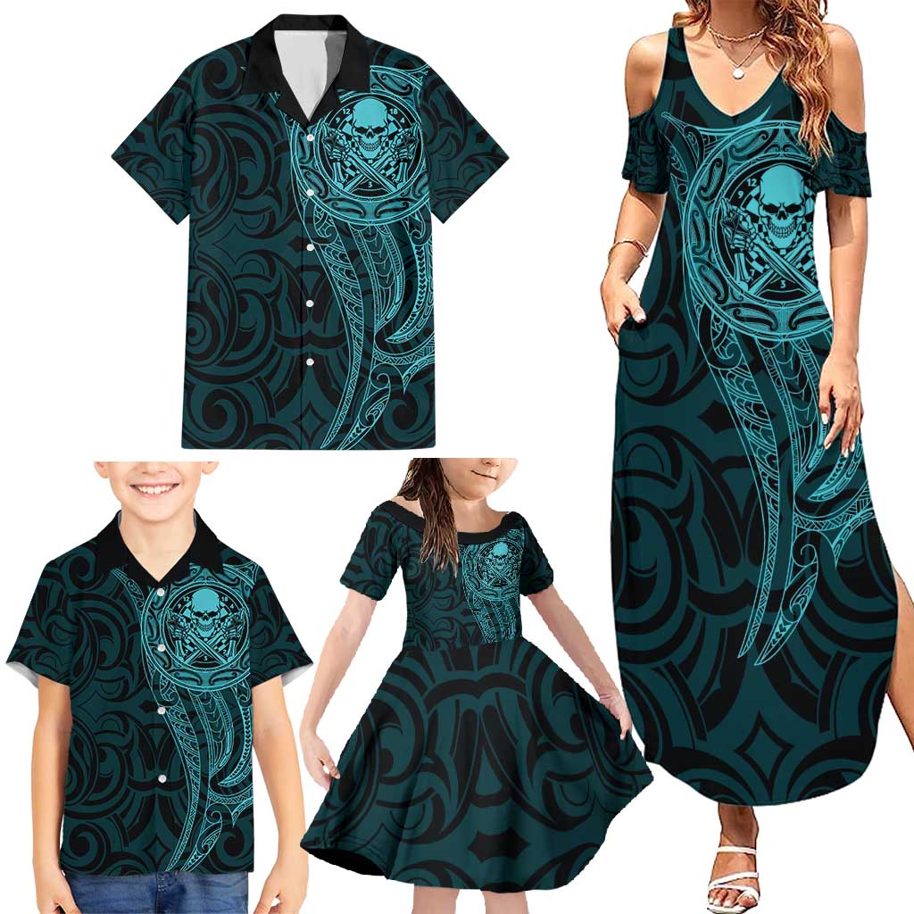 New Zealand Skull Darts Family Matching Summer Maxi Dress and Hawaiian Shirt Aotearoa Maori Chest Tattoo Stylized Teal - Polynesian Pride