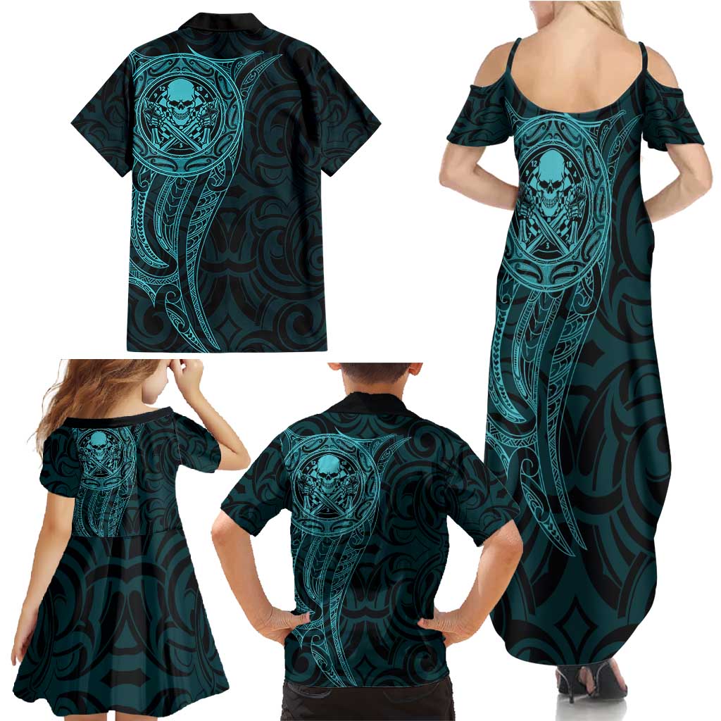New Zealand Skull Darts Family Matching Summer Maxi Dress and Hawaiian Shirt Aotearoa Maori Chest Tattoo Stylized Teal LT14 - Polynesian Pride