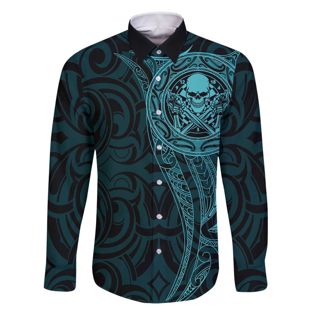 New Zealand Skull Darts Family Matching Summer Maxi Dress and Hawaiian Shirt Aotearoa Maori Chest Tattoo Stylized Teal LT14 Dad's Shirt - Long Sleeve Teal - Polynesian Pride