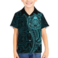 New Zealand Skull Darts Family Matching Summer Maxi Dress and Hawaiian Shirt Aotearoa Maori Chest Tattoo Stylized Teal LT14 Son's Shirt Teal - Polynesian Pride
