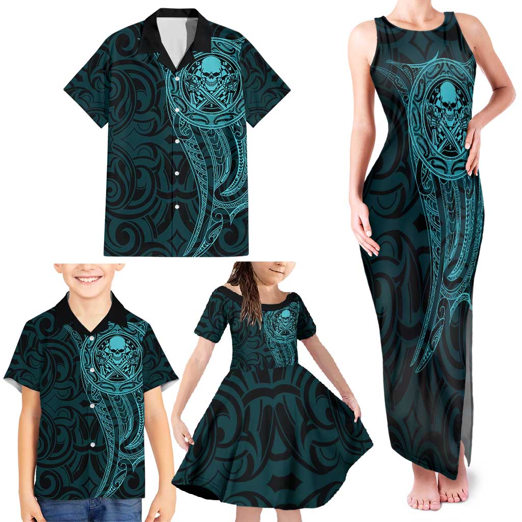 New Zealand Skull Darts Family Matching Tank Maxi Dress and Hawaiian Shirt Aotearoa Maori Chest Tattoo Stylized Teal - Polynesian Pride
