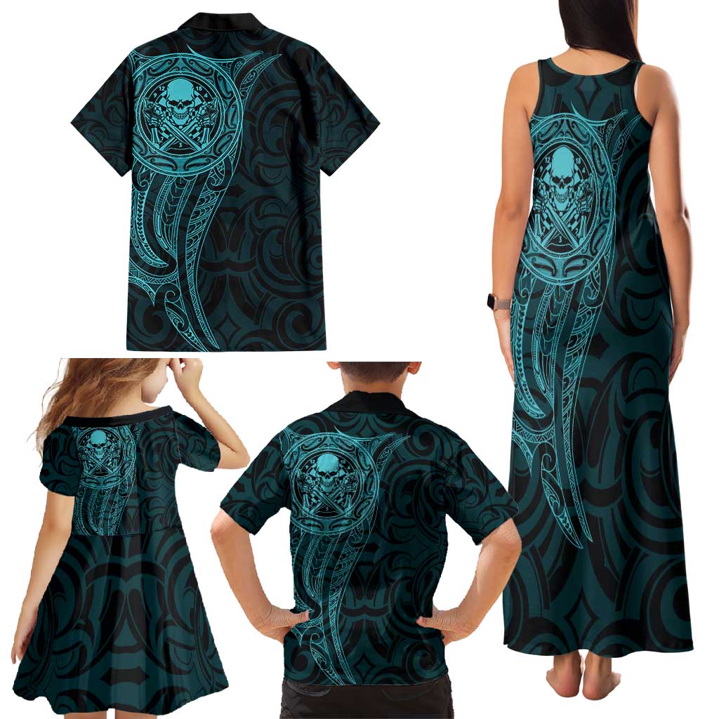 New Zealand Skull Darts Family Matching Tank Maxi Dress and Hawaiian Shirt Aotearoa Maori Chest Tattoo Stylized Teal LT14 - Polynesian Pride