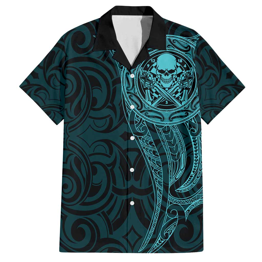 New Zealand Skull Darts Family Matching Tank Maxi Dress and Hawaiian Shirt Aotearoa Maori Chest Tattoo Stylized Teal LT14 Dad's Shirt - Short Sleeve Teal - Polynesian Pride