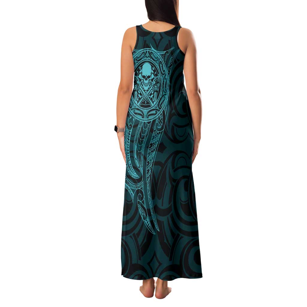 New Zealand Skull Darts Family Matching Tank Maxi Dress and Hawaiian Shirt Aotearoa Maori Chest Tattoo Stylized Teal LT14 - Polynesian Pride