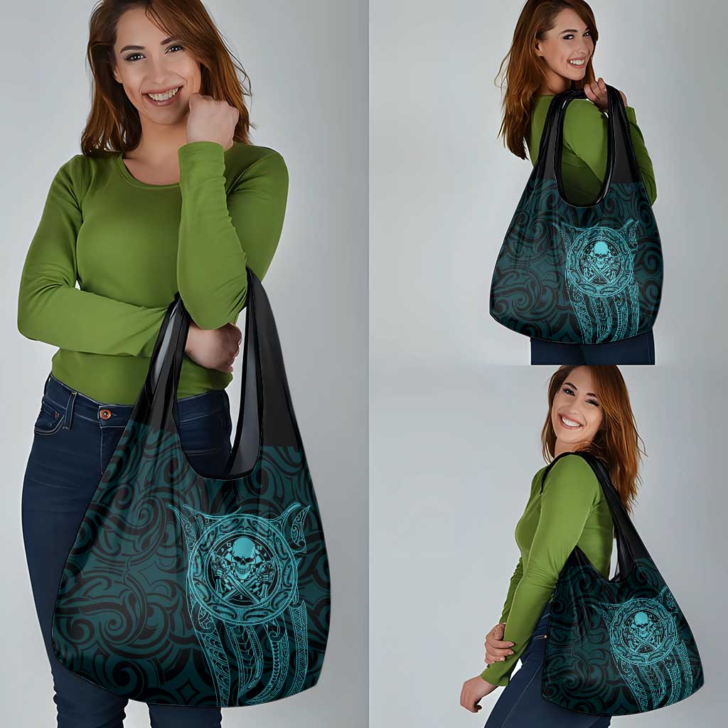 New Zealand Skull Darts Grocery Bag Aotearoa Maori Chest Tattoo Stylized Teal - Polynesian Pride