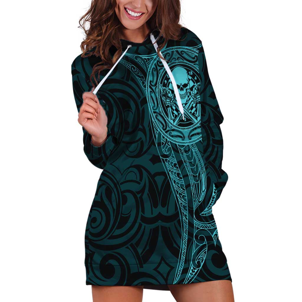 New Zealand Skull Darts Hoodie Dress Aotearoa Maori Chest Tattoo Stylized Teal LT14 Teal - Polynesian Pride