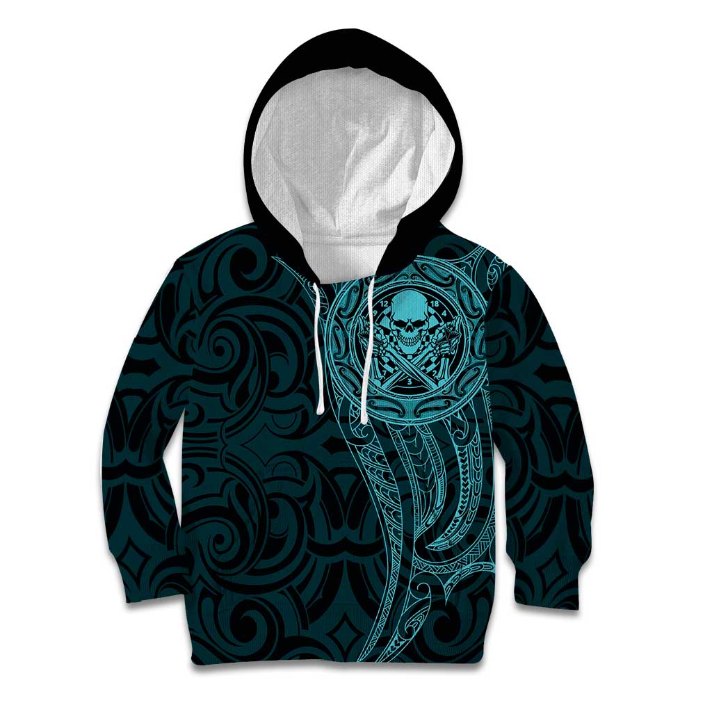New Zealand Skull Darts Kid Hoodie Aotearoa Maori Chest Tattoo Stylized Teal - Polynesian Pride
