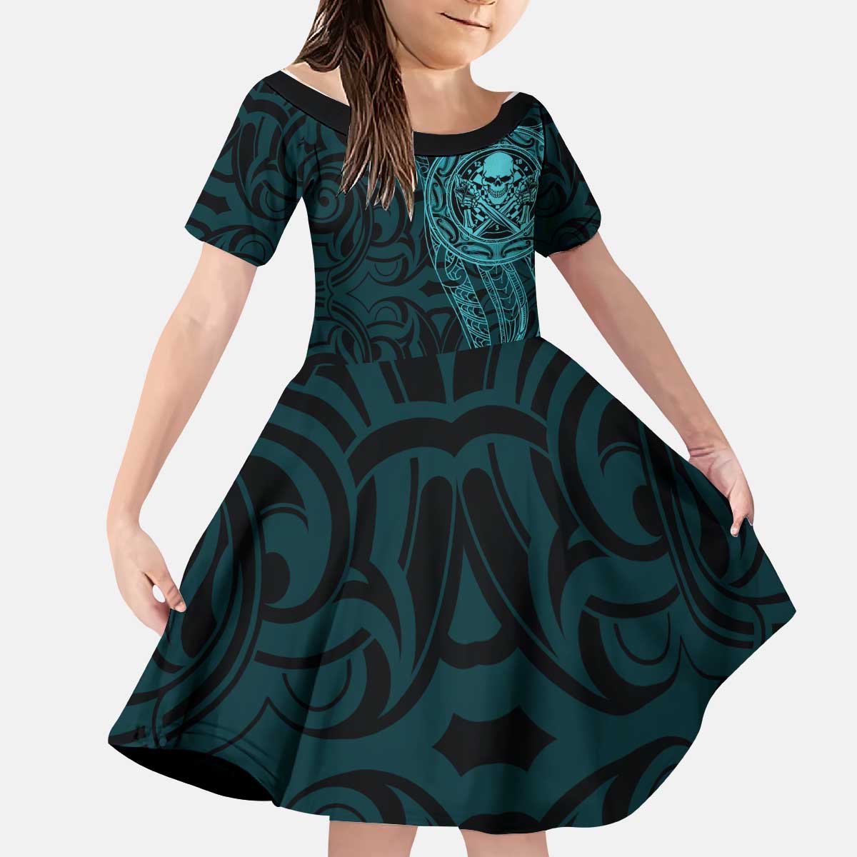 New Zealand Skull Darts Kid Short Sleeve Dress Aotearoa Maori Chest Tattoo Stylized Teal - Polynesian Pride