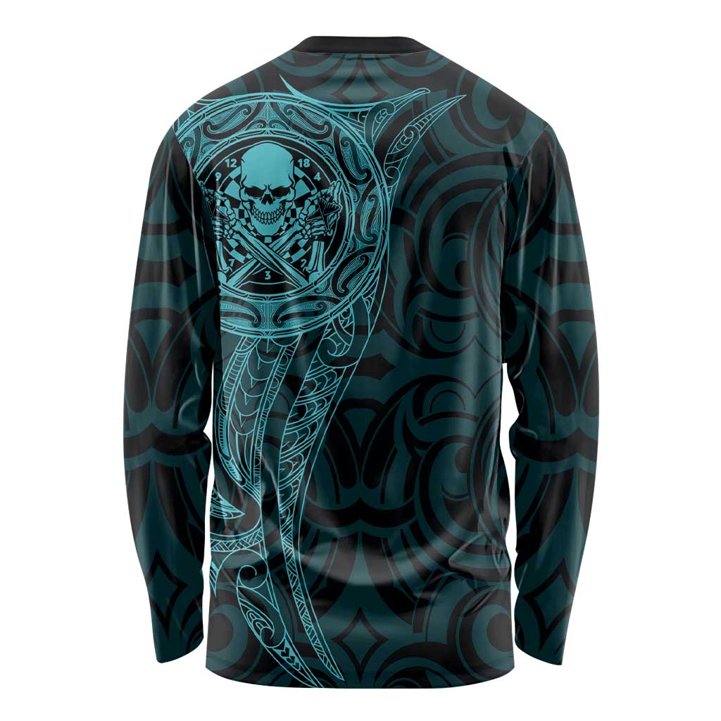 New Zealand Skull Darts Long Sleeve Shirt Aotearoa Maori Chest Tattoo Stylized Teal - Polynesian Pride