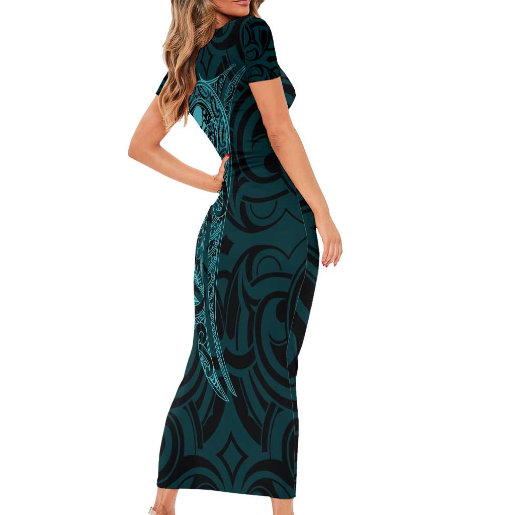New Zealand Skull Darts Short Sleeve Bodycon Dress Aotearoa Maori Chest Tattoo Stylized Teal - Polynesian Pride