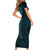 New Zealand Skull Darts Short Sleeve Bodycon Dress Aotearoa Maori Chest Tattoo Stylized Teal - Polynesian Pride