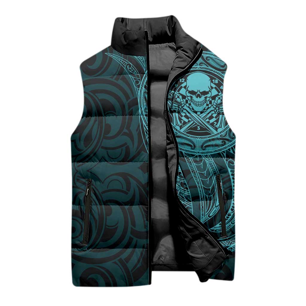 New Zealand Skull Darts Sleeveless Puffer Jacket Aotearoa Maori Chest Tattoo Stylized Teal - Polynesian Pride