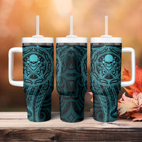 New Zealand Skull Darts Tumbler With Handle Aotearoa Maori Chest Tattoo Stylized Teal - Polynesian Pride
