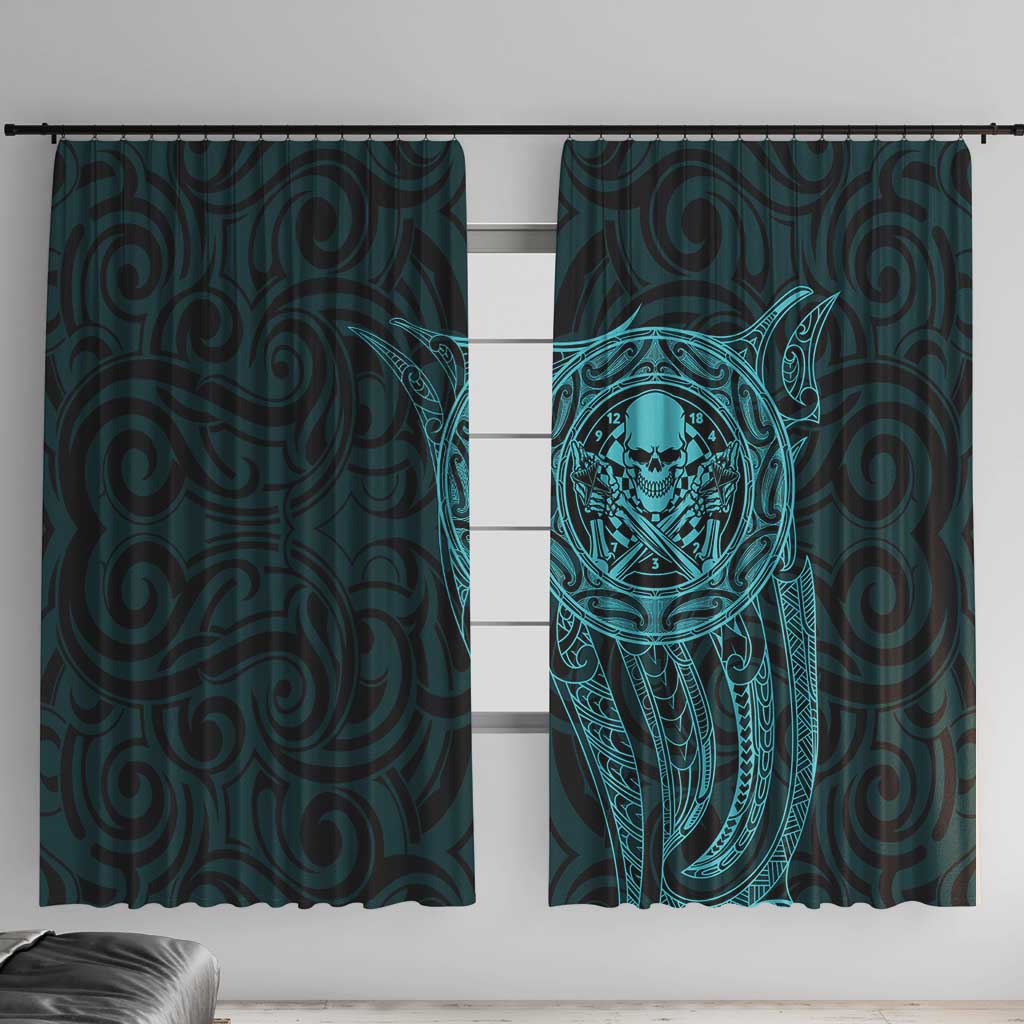New Zealand Skull Darts Window Curtain Aotearoa Maori Chest Tattoo Stylized Teal - Polynesian Pride